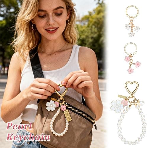 PEOVLVN 3 Pcs Cute Keychains for Women, Flowers Charms Car Key Chain Pearl Keychain Wristlet Keyring Gifts for Women Girls Purse Bag Backpack Accessories thumbnail 3
