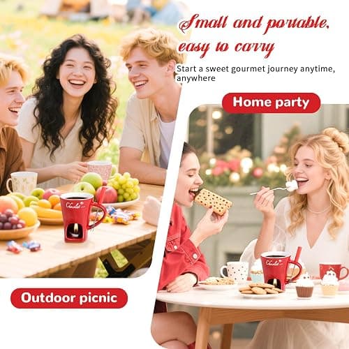 AMZWISH Mini Sweet Fondue Cup, Ceramic Coffee Warmer Mug, Portable Chocolate Melting Cup with Fork for Cheese, Great for Adult/Kids for Camping/Date/Movie Night/Birthday/Wedding Gifts (Red) thumbnail 5