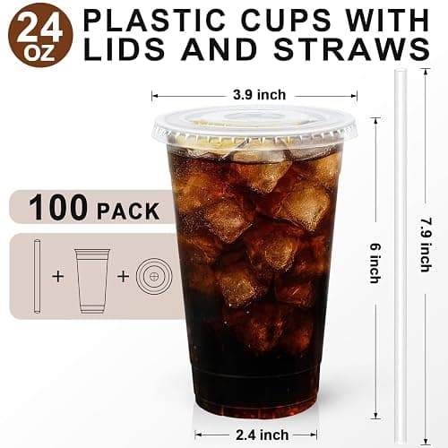 Lamosi 100 Pack 24 oz Clear Plastic Cups with Lids and Straws, Disposable Iced Coffee Cups with Lids for To-Go Cold Drinks, Smoothies and Slushie thumbnail 3