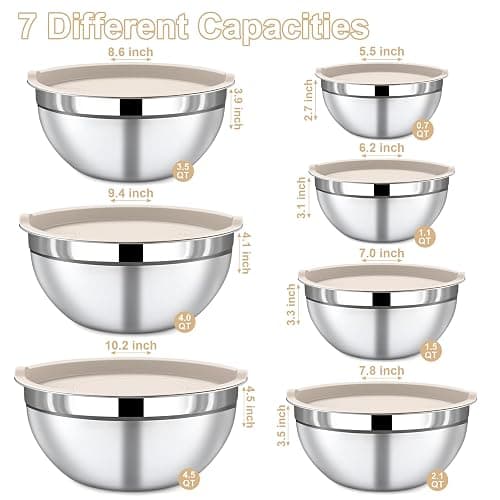 Funnydin 7 Piece Stainless Steel Mixing Bowls with Lids Set - Khaki Nesting Metal Mixing Bowls for Kitchen, Sizes 4.5, 4, 3.5, 2.1, 1.5, 1.1, 0.7 Qt for Baking, Cooking and Serving, Dishwasher Safe thumbnail 3