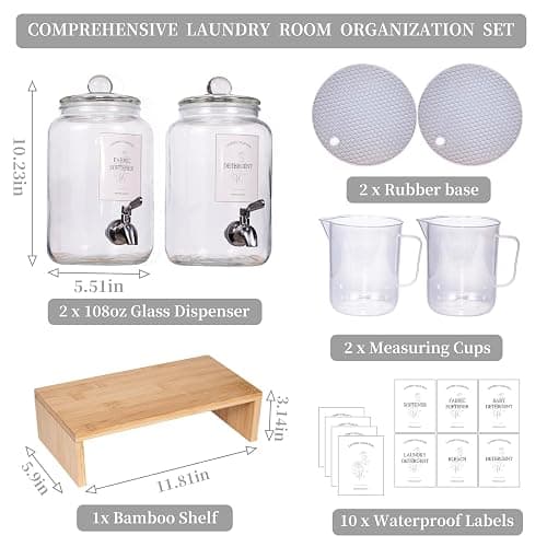 2 Pack Glass Laundry Detergent Dispenser,Sturdy glass Fabric Softener Dispenser With Leak Proof Pump,Reusable Container & Bamboo Stand-108Oz Big Laundry Soap Container For Washer Room Organization (2) thumbnail 3