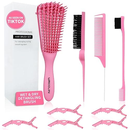 UREELIN Detangler Brush Set for 3a,4c,Wig/Thick/Wavy/Curly/Wet Slick Back Hair Brushes,Rat Tail Combs,8-Row,Edge Brush,For braiding,teasing,parting,styling,kids,girls,women(Pink) - Image 1