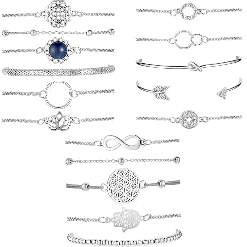 Hicarer 16 Piece Layered Bracelet Set Women Silver Bracelets Vintage Hand Chain Adjustable Charm Pendent Stack Bracelet Christmas Gifts for Women - Image 1