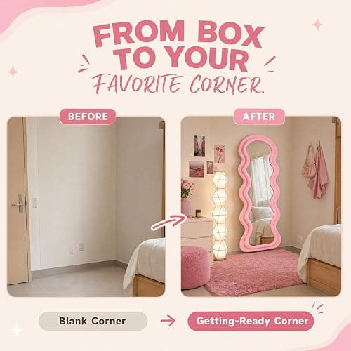 BOJOY Full Length Mirror 63"x24", Irregular Wavy Mirrors, Wave Arched Floor Mirror, Wall Mirror Standing Hanging or Leaning Against Wall for Bedroom, Flannel Wrapped Wooden Frame Mirror-Pink thumbnail 8