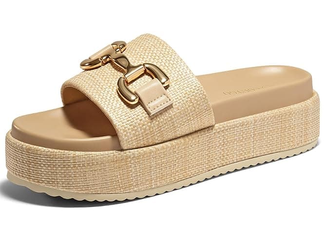 Coutgo Womens Platform Sandals Raffia Espadrilles Metal Chain Slip on Open Toe Cute Beach Slide Sandals - Image 1