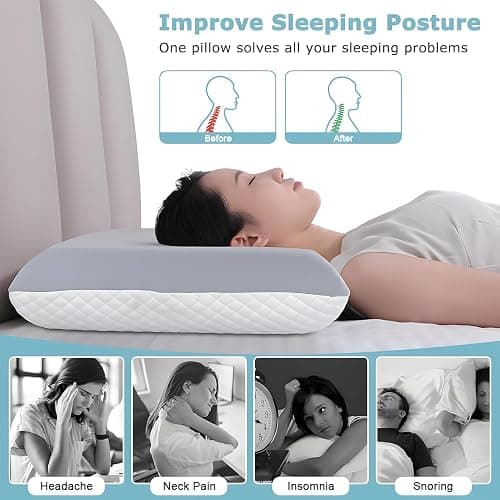 Syekcl Memory Foam Pillow Queen Size, Cooling Orthopedic Bed Pillow for Sleeping – Medium Firm Neck & Shoulder Support, Double-Sided Design for All Seasons, Washable Cover (White & Gray) thumbnail 4
