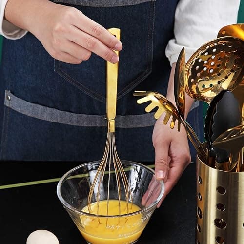 Gold Whisk, Berglander Whisk For Cooking With Titanium Gold Plating, Stainless Steel Balloon Whisk, Sturdy Kitchen Wire Whisk Set for Cooking, Baking, Blending, Beating, Dishwasher Safe, Easy to Clean thumbnail 7