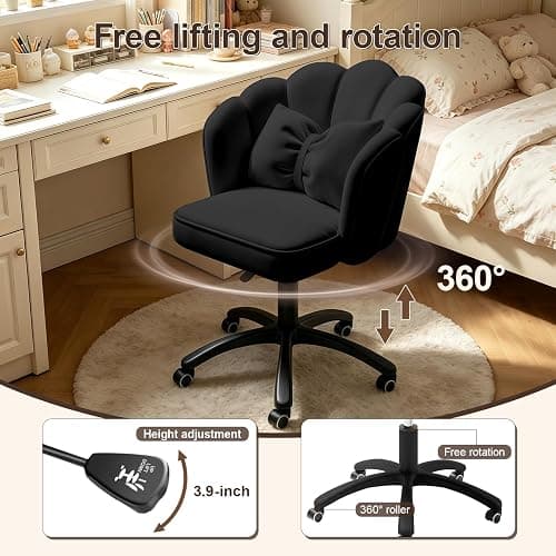 XUEGW Petal Desk Chair with Bow Cushion Velvet Vanity Chair with Wheels, Upholstered Home Office Chair for Girls Women, Mid-Back Swivel Computer Task Chairs for Living Room Bedroom thumbnail 5