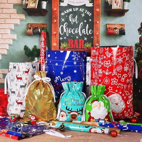 HRX Package Holiday Drawstring Gift Bags, 30pcs Christmas Foil Gift Wrapping Sacks Pouches for Xmas Presents Party Favor (Large Medium Small) thumbnail 6