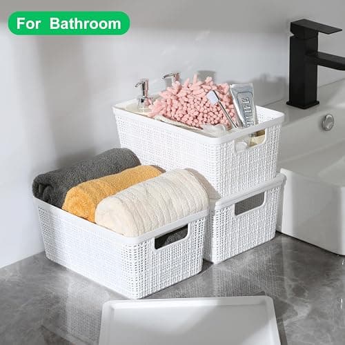 WRRLORS 6 Pack Plastic Storage Baskets with Lid,White Stackable Bins | Durable Woven Plastic With handle Breathable,Save space,For Organizing Desktops, Closets, Playrooms, Classrooms, Offices thumbnail 2