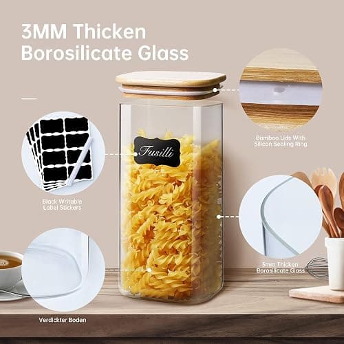 HomArtist Square Glass Jars with Bamboo Lids [Muti Size Set of 5], Glass Canisters with Airtight Lids, Glass Food Storage Containers for Pasta, Cereal, Flour, Sugar, Best for Kitchen & Pantry thumbnail 4