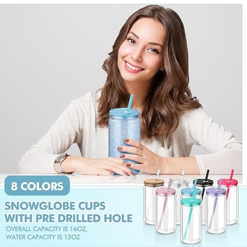 Nuenen 20 Pcs 16 oz Plastic Snow Globe Tumbler Pre Drilled Double Wall Plastic Can with Lid and Straw Double Wall Snowglobe Cup with Colorful Lid Mason Jar Cups for Snow Globe Glitter DIY Gift thumbnail 5
