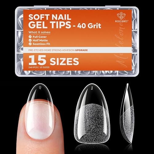Modelones Almond Nail Tips, 40 Grit Pre-Etched Half Matte Short Almond | 15 Sizes Clear Fake Soft Gel Nails Tips Full Cover Acrylic Gel Kit Press On Nails for Extension Manicure DIY Salon 240Pcs - Image 1