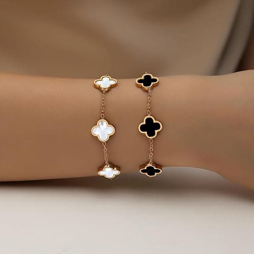 HAITTY 18K Gold Plated Clover Bracelet Set for Women White/Black/Gold/Silver/Green/Pink Adjustable Link Double-Sided Lucky Bracelets Trendy Bracelets Set Jewelry Gifts for Women Men thumbnail 3
