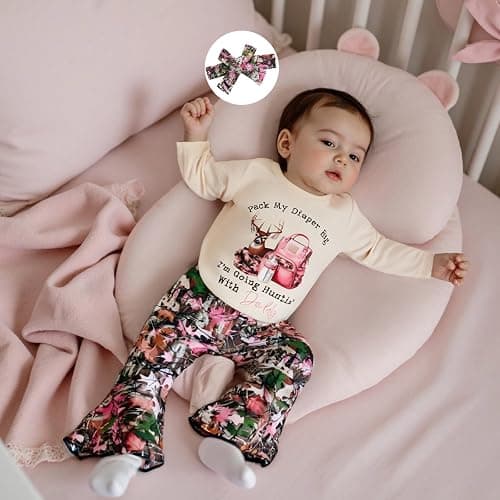 Xnqiwq Newborn Baby Girl Hunting Clothes Deer Romper Jungle Camo Flare Pants Set Headband 3Pcs Infant Fall Winter Outfits thumbnail 2