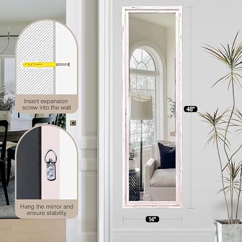 LXWZHK 48"x14" Door Mirror, Rustic Full Length Mirror, Over The Door Hanging Mirrors Full Length, Wooden Hanging Mirrors for Bedroom, Bathroom, White thumbnail 7