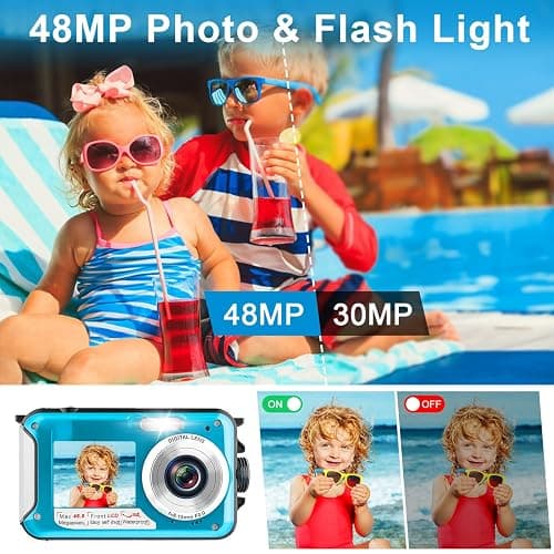 Underwater Camera 2.7K Waterproof Camera with 32GB Card 48MP Autofocus Selfie Dual-Screen Cameras for Snorkeling Compact Digital Camera 1250mAh Battery (Blue) thumbnail 3