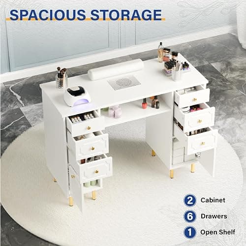 OmySalon White & Gold Accent Nail Desk for Nail Tech, Manicure Table with Electric Dust Collector, Storage Drawers & Wrist Cushion, Acetone Resistant for Salon and Home Nail Station thumbnail 5