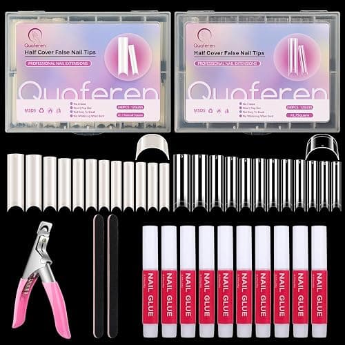 480PCS Extra Long C Curve Nail Tips and Glue, 2 Packs Natural and Clear Acrylic for Nails Professional Set, 12 Sizes Artificial Straight Square French False Nail Tips - Image 1