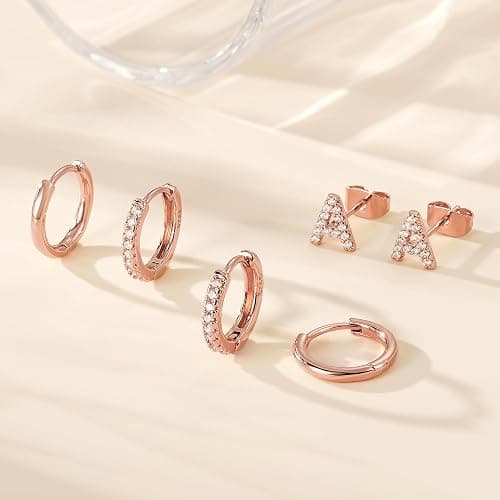 Ritach Gold Earrings for Women Girls - 3 Pairs Gold/Silver/Rose Gold Hoop Earrings for Women Girls CZ Initial Stud Earrings for Girls Hypoallergenic Earrings Set for Multiple Piercing thumbnail 6
