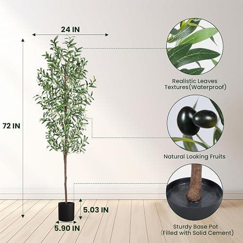 CETRD Artificial Olive Tree, 6FT Tall Faux Olive Trees 72in Outdoor Fake Potted Silk Plant with Trunk and Realistic 648 Leaves and 24 Fruits for Modern Office Home Decor Indoor（1pack） - 1pack - 6ft thumbnail 2