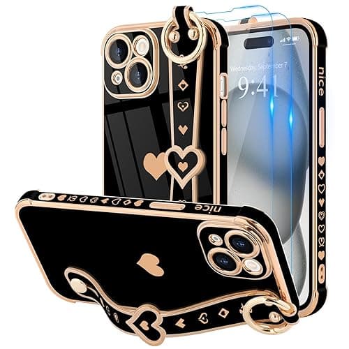 LLZ.COQUE for iPhone 15 Case with Strap for Women Girls [2× Screen Protectors], Cute Love-Hearts Design, Wristband Kickstand Luxury Plating Edge Protective Phone Case for iPhone 15 (6.1'') - Black - Black - iPhone 15