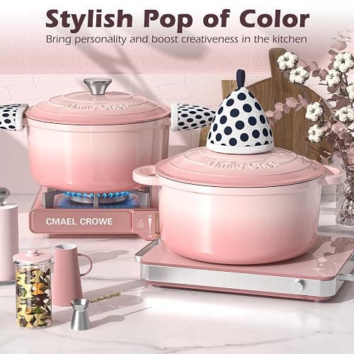 Umite Chef 5QT Enameled Cast Iron Dutch Oven Pot with Lid, Heavy-Duty Cookware for Bread Baking, Braising, Stews, Roasting, Wedding Registry Ideas & Gifts (Pink) thumbnail 7