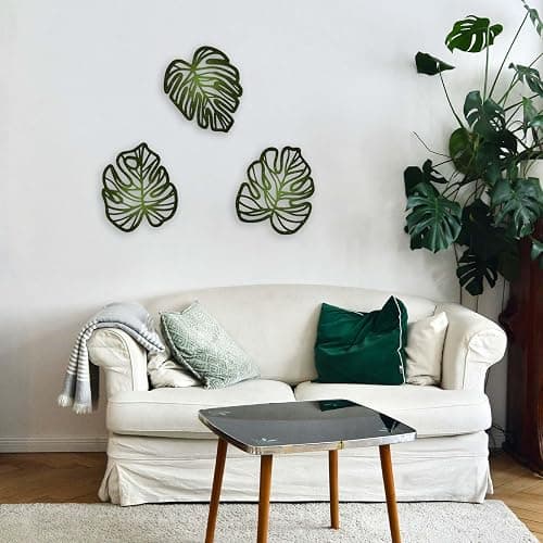 Palm Leaves Wood Wall Decor, 3Pcs Tropical Wall Art Jungle Decor, Wooden Natural Leaves Plant Wall Decor, Vintage Tropical Plant Plaque for Home Living Room Kitchen Bedroom Bathroom & Garden, Green thumbnail 2