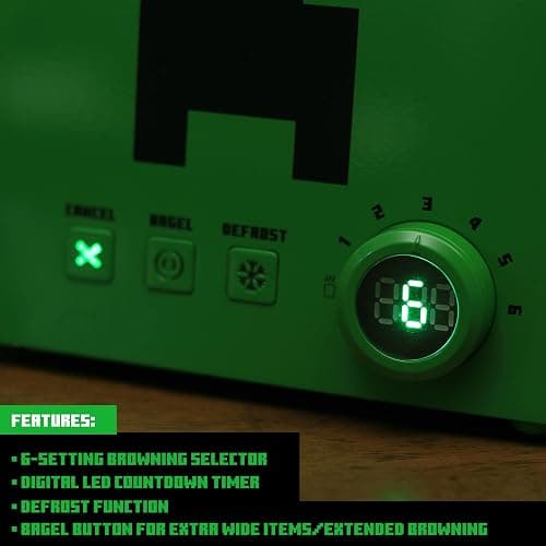 Minecraft Green Creeper 2-Slice Toaster For Bagels, Waffles, and Breads | Features 6 Settings With Defrost Option | Imprints Creeper Symbol On Bread thumbnail 5