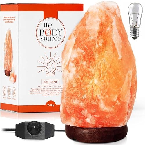 The Body Source Salzlampe (2-3 kg) mit Dimmerschalterlicht aus der Salt Range Pakistan auf einem Holzständer - Nachtlicht inkl. 1x 10W Glühbirnen und Geschenkbox - Image 1