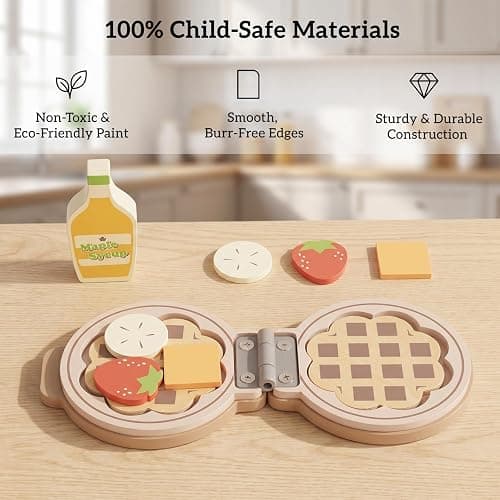 WOODENFUN Wooden Pretend Play Toy Waffle Maker Play Kitchen Accessories | Montessori Breakfast Play Food Set Birthday Gifts for 2 3 4 Years Old Toddlers Boys Girls thumbnail 5