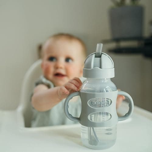 Dr. Brown's Milestones Wide-Neck Sippy Straw Bottle with 100% Silicone Handles and Weighted Straw, 9 oz/270 mL, Gray & Green, 6m+ - Gray & Green - 2 Count (Pack of 1) thumbnail 6
