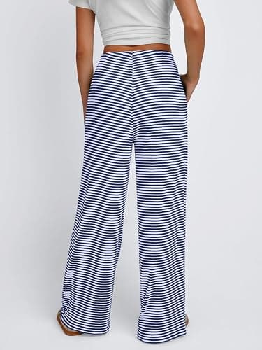 Trendy Queen Womens Striped Ribbed Wide Leg Pants Casual Drawstring Elastic Waist Baggy Sweatpants with Pockets thumbnail 5