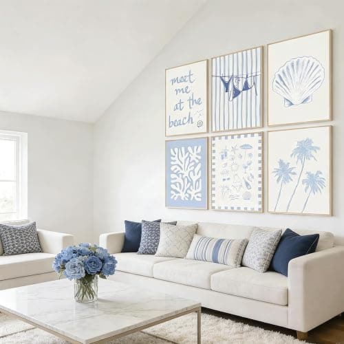 6Pcs Coastal Granddaughter Wall Art Blue Shell Bikini Wall Decor Starfish Palm Tree Poster Prints Artwork Meet Me At The Beach Preppy Aesthetic for Girly Room Dorm Apartment Home Decoration thumbnail 6