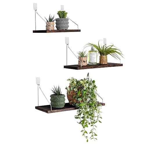 MITIME Floating Wall Shelves, Rustic Wood Wall Mounted Shelf Set of 3 | No Drill Adhesive Renter Friendly Floating Shelf, Display Rack for Plants Decor Bedroom Bathroom Kitchen - Image 1