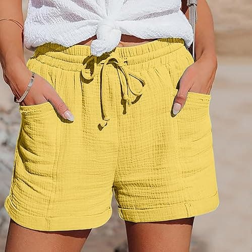 yxlaml Cotton Linen Shorts for Women Plus Size Elastic Waist Drawstring Summer Beach Shorts with Pockets thumbnail 2