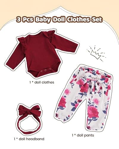 BABESIDE 3 Pcs Reborn Baby Doll Clothes for 17-22 Inch Babydolls, Floral Patterns Lifelike Baby Doll Accessories for Realistic Baby Dolls Girl, Wine Red thumbnail 6