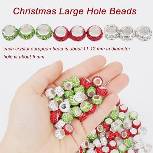 200 Piece Christmas Bead Kit - Large Hole, 180 Rhinestone European Beads, 20 Cute Christmas Pendants for DIY Bracelet Jewelry Making (Red, Green, White) thumbnail 2