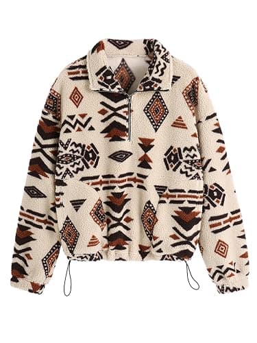 ZAFUL Women's Fashion Long Sleeve Lapel Half Zip Plain Faux Fur Sweatshirt Solid Color Crop Pullover Tops - Image 1