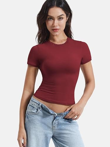 YEOREO Women's Double Lined Fitted Basic Tops Casual Short Sleeve Crew Neck T Shirt Sweeney Y2K Going Out Tee Tops thumbnail 6