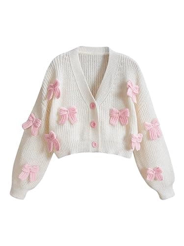 GORGLITTER Women's Cute Bow Cardigan Sweater Long Sleeve V Neck Button Down Pullover Top - Image 1