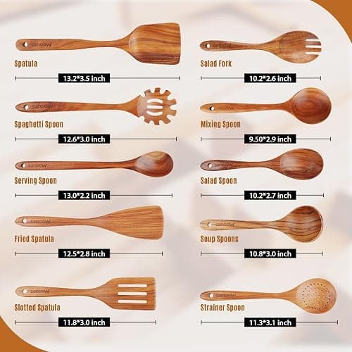 Mooues Wooden Spoons for Cooking, Wooden Utensils for Cooking Natural Teak Wooden Kitchen Utensils Set Comfort Grip (10 PCS SET) thumbnail 5