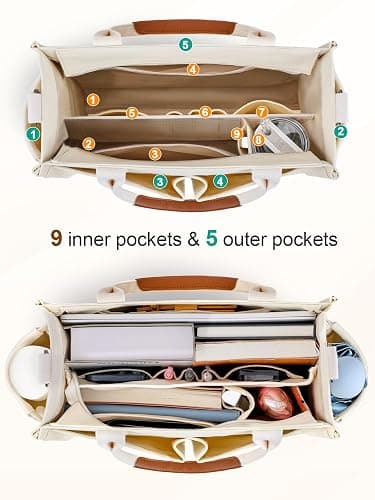 FIORETTO Womens Canvas Tote Bag Purse with Individual Compartment, Zipper Top, Reinforced Bottom & Luggage Sleeve thumbnail 5