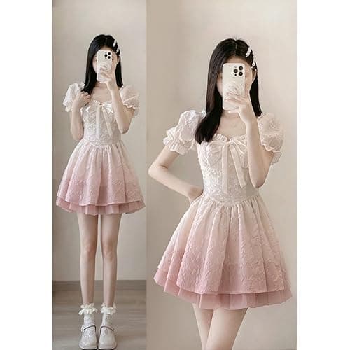 QJK Puff Sleeve Dress with Bow Tie Lace Trim and Pleated Skirt - Kawaii Cute Lolita Dress for Women thumbnail 2