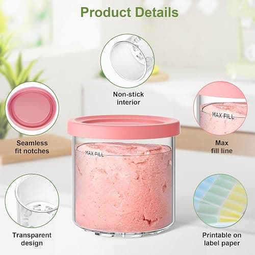 4 Pack Creami Pint Containers and Lids for Ninja with 4 spoons and writable labels, Compatible with Ninja NC299 NC300 NC301 Series Creami Maker Machine Accessories, BPA Free & Dishwasher Safe, Pink thumbnail 5