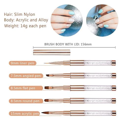 Pinceau Nail Art Ongles Gel Professionnel avec Capuchon Bouchon - LEA-SHALL 5 Pièces Pinceaux Fin Liner/Plat/Rond/Acrylique French pour Ongle Peinture Acrylique UV Construction Set ã Brosses Strass thumbnail 5