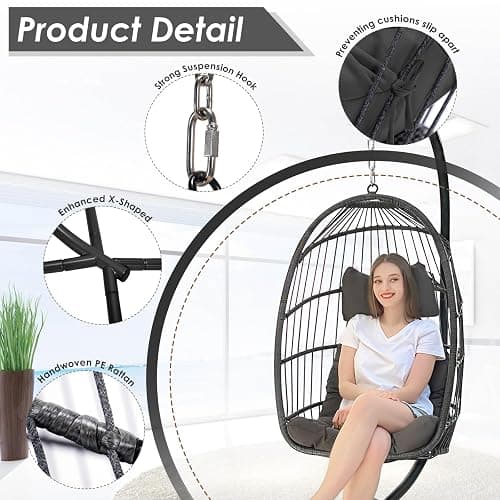 NICESOUL Egg Chair Indoor Outdoor, Patio Wicker Egg Swing Chair with Stand, Comfy Padded Cushion Hanging Basket Chair, 350lbs Capacity Birthday Gift Hammock Chair for Outside Backyard Bedroom, Gray - Dark Gray thumbnail 3
