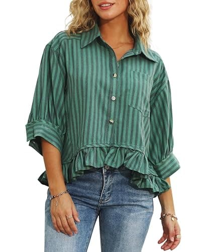 CHYRII Womens Summer Tops Dressy Casual Blouse Top Ruffled Short Sleeve Button Down Striped Shirt - Image 1