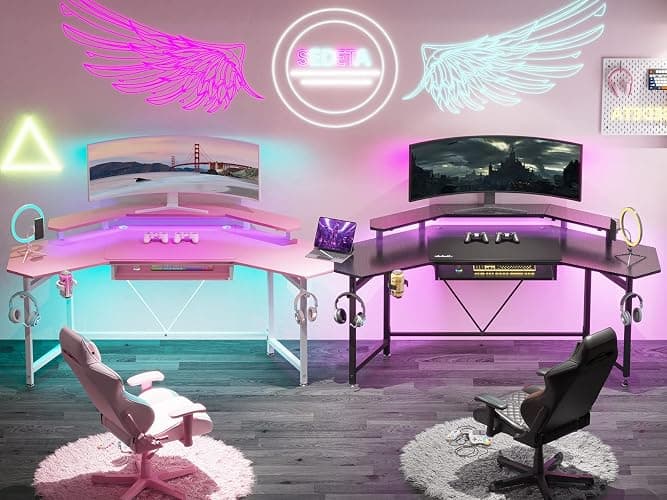 Sedeta Gaming Table with LED Lights, L-Shaped Keyboard Tray & Monitor Stand, Headphone Hooks, Cup Holder, Black thumbnail 3