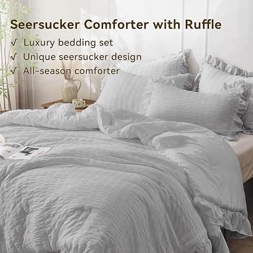 JOLLYVOGUE Light Grey Comforter Full Size, 3 Pieces Seersucker Lightweight Full Size Bedding, All Season Fluffy Microfiber Bedding Comforter Set with 1 Ruffle Comforter and 2 Ruffle Pillowshams thumbnail 4